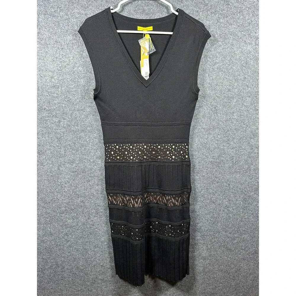 Catherine Malandrino Black V Neck Sleeveless Knit Dress Lace Detail Size‎ M